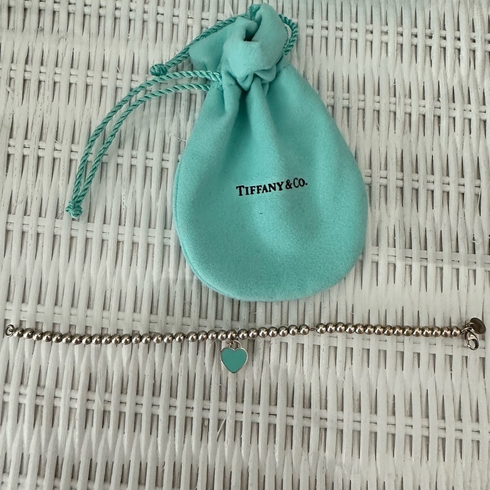 Tiffany & Co Return to Tiffany Blue Enamel Mini Heart Tag Bead Bracelet 7"